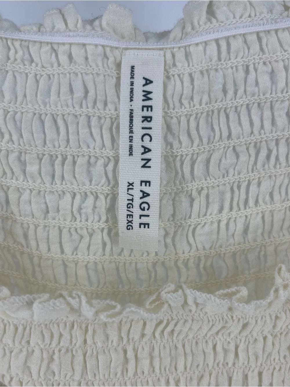 American Eagle Outfitters Cream Smocked Peasant Blouse with Embroidered Ruffle